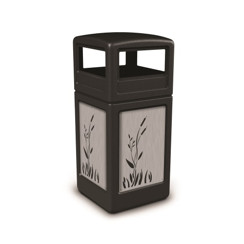 Commercial Zone PolyTec 42 Gallon Trash Container, Black with Stainless Steel Panels, Cattails